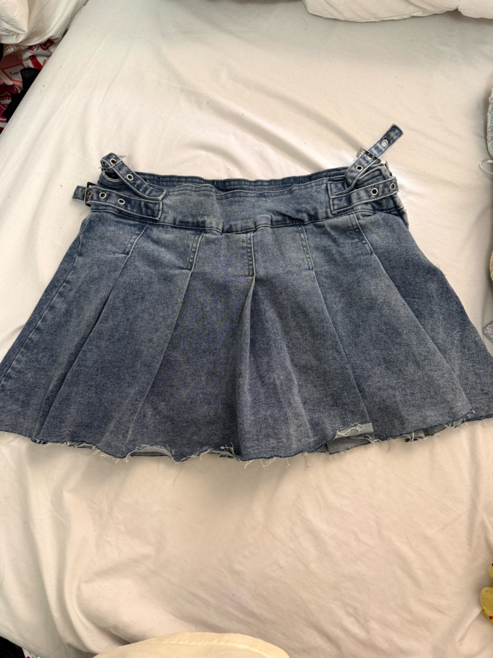 Denim Pleated Mini Skirt with Adjustable Waist Straps